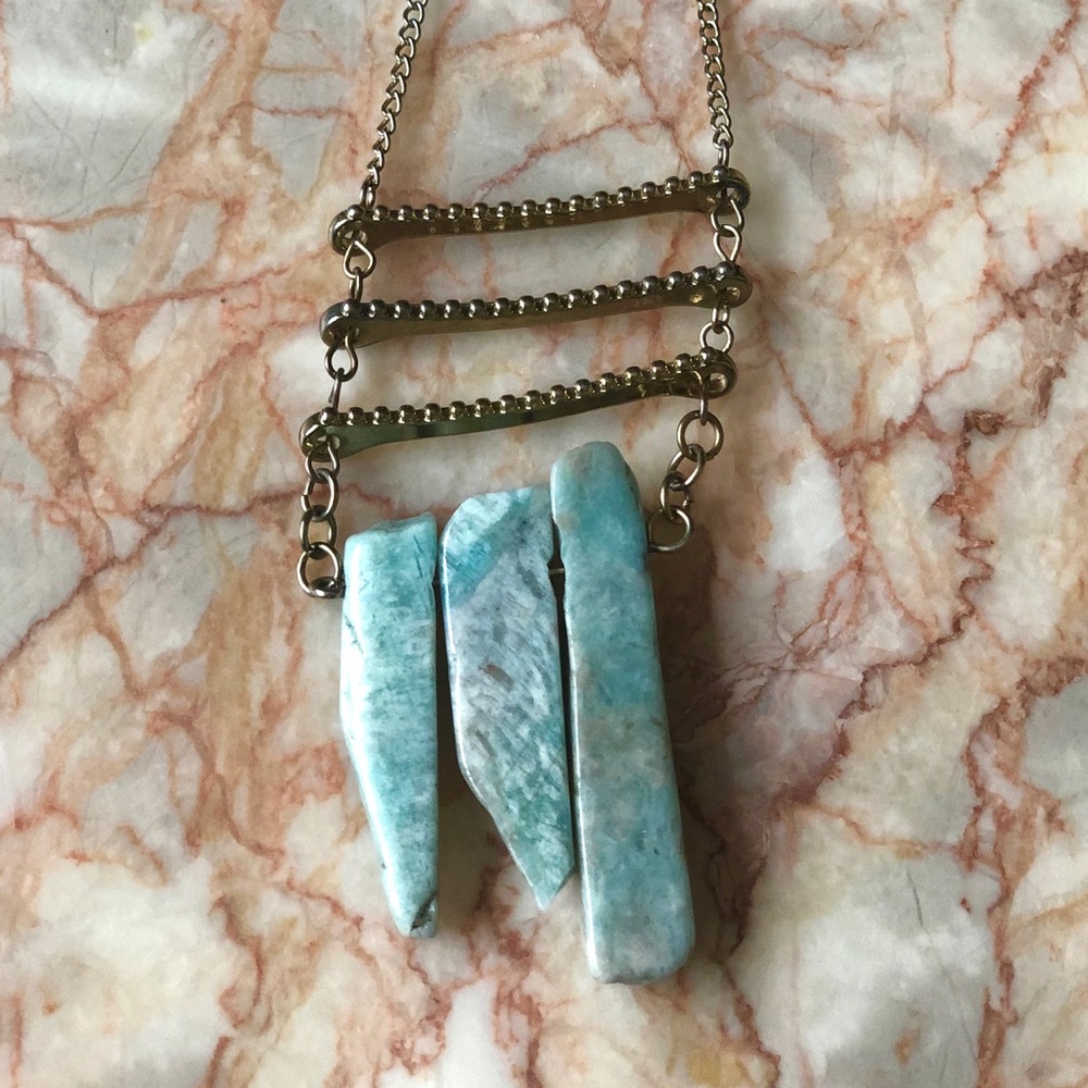 Gold tone boho style dainty stone long necklace